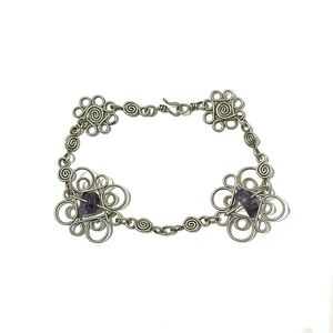 Silver Tone Wire Wrapped Amethyst Chip Bracelet 6.5”